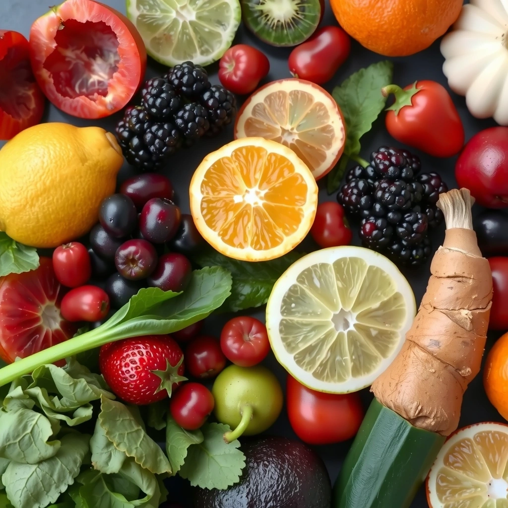 Diverse fructe și legume proaspete aranjate artistic, reprezentând vitamine naturale