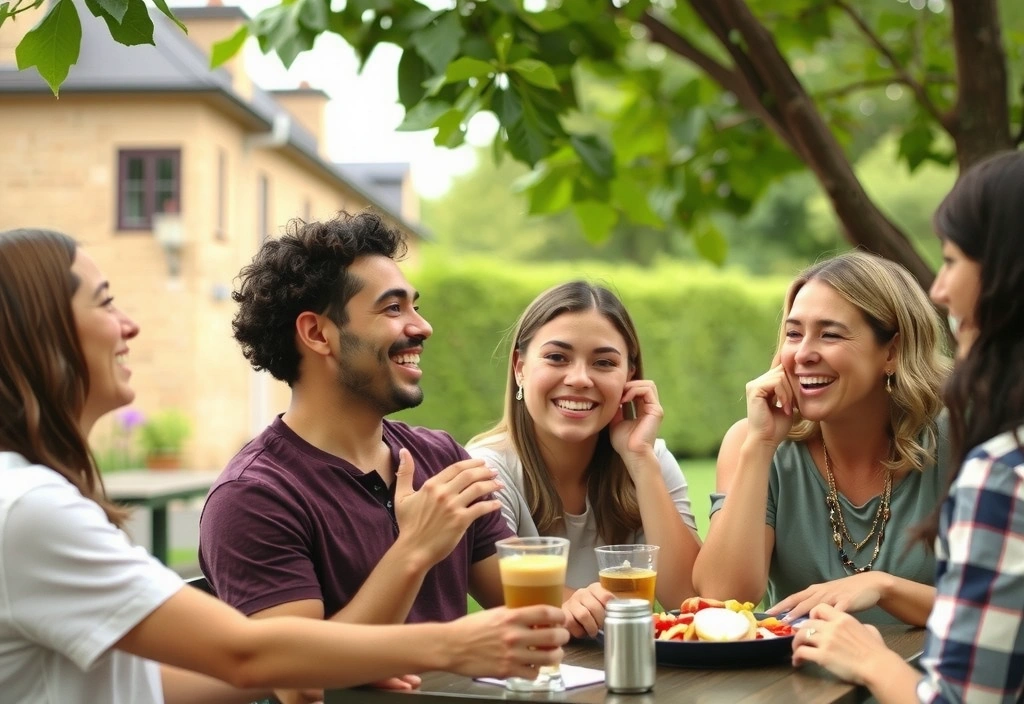 Grup de oameni zâmbitori angajați în activități sociale, ilustrând conexiuni sociale